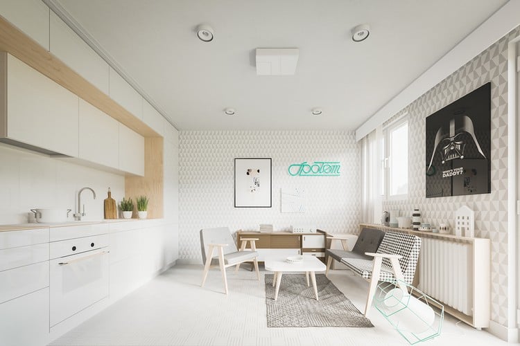 Kleine Wohnungen einrichten weisse-einzimmerwohnung-tapete-grau-geometrisches-muster