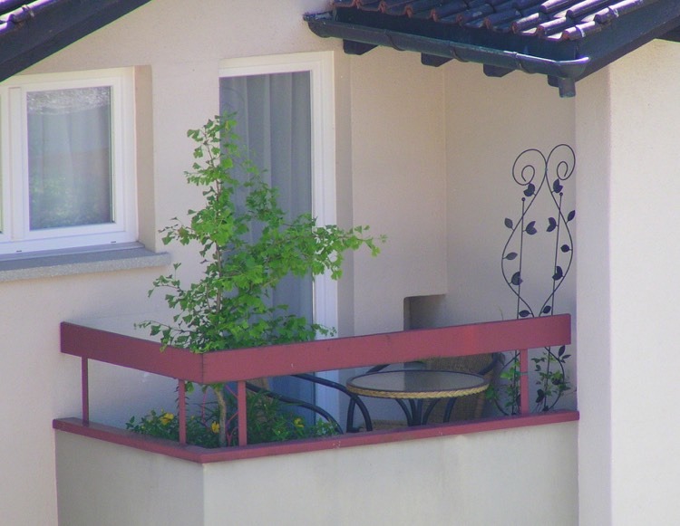  kleiner-balkon-möbel-zwei-stühle-runder-tisch-kletterpflanzen-baum-kübel