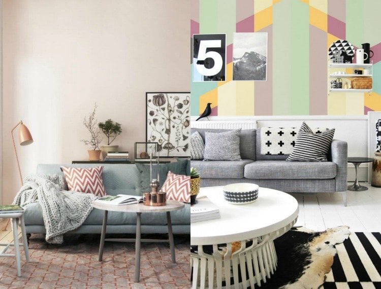 Pastell Wandfarben -kombinieren-deko-wohnzimmer-skandinavisch-schwarzweiss