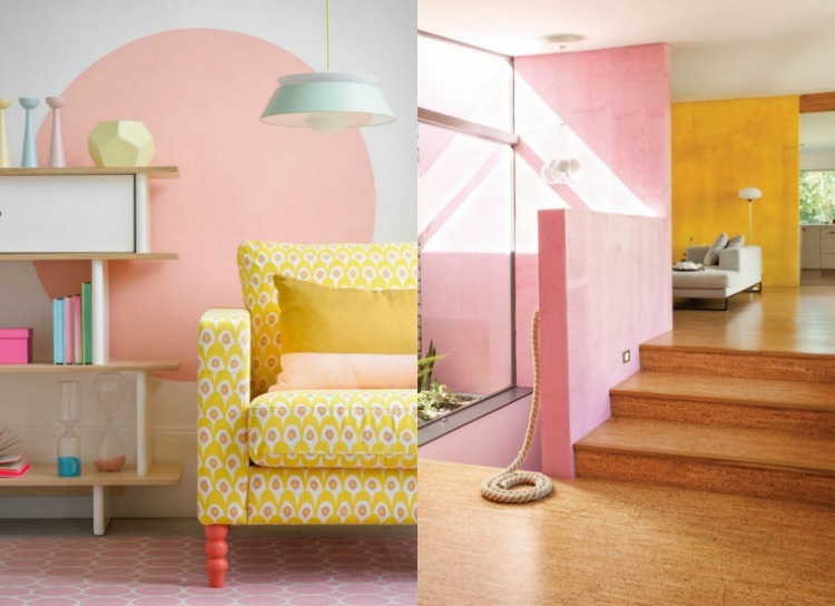 pastell-wandfarben-kombinieren-rosa-gelb-holz-wohnzimmer