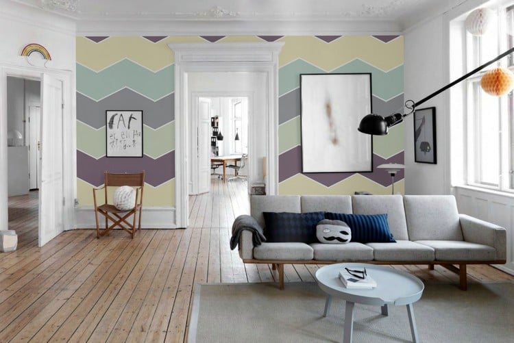 Pastell Wandfarben -wandgestaltung-wandmuster-zick-zack-wohnzimmer