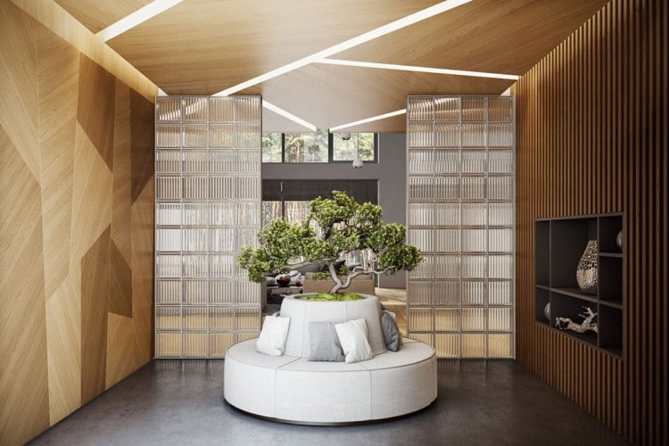 Raumteiler aus Glasbausteinen -betonboden-wandverkleidung-holz-paneele-bonsai