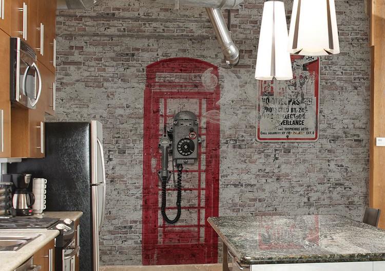 Tapete für Küche vintage-wandgestaltung-steinoptik-englische-telefonzelle-gezeichnet