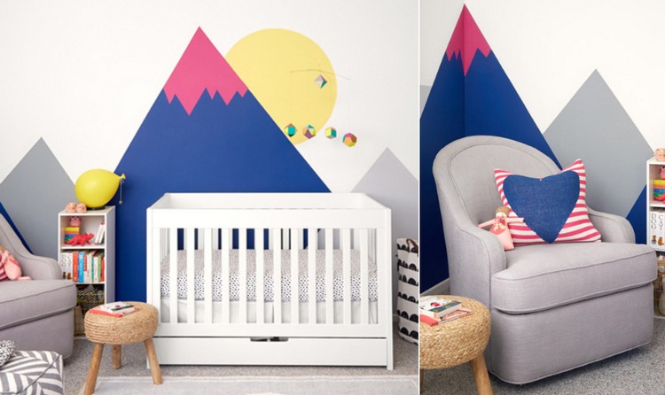 Wandgestaltung mit Farbe babyzimmer-babybett-wand-kreativ-gestalten-farbige-berge-sonne