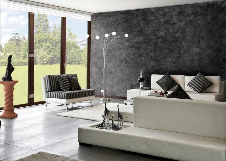 Wandgestaltung mit Spachteltechnik wohnzimmer-wand-dunkle-tone-helle-einrichtung-modern
