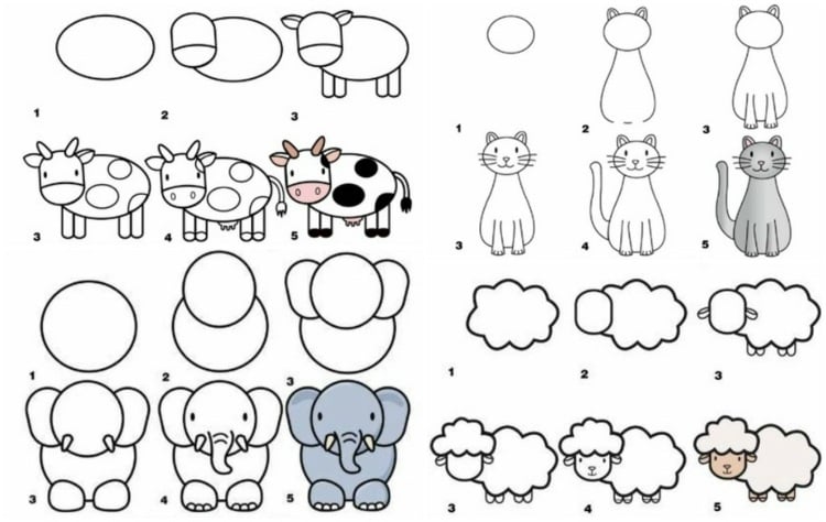 zeichnen lernen tiere-kuh-elefant-schaf-katze-anleitung