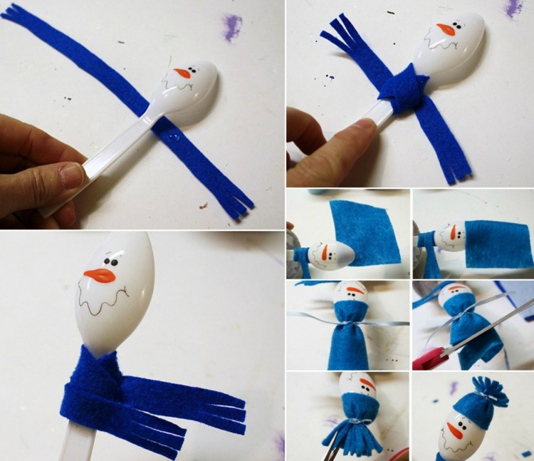 basteln zu weihnachten plastiklöffel-schneemann-idee-blau-filz