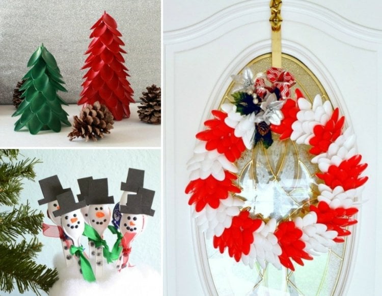 basteln zu weihnachten plastiklöffel-tannenbaum-rot-grün-kranz-schneemann