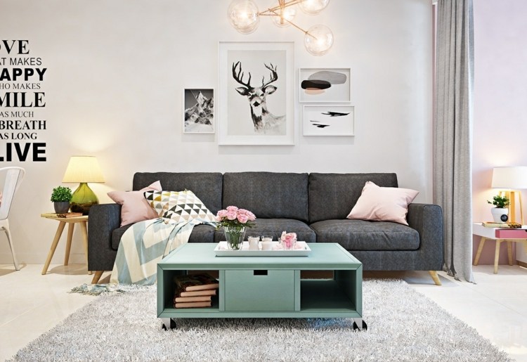 bett-wohnzimmer-integrieren-grau-couch-couchtisch-minze-rentier-wanddeko