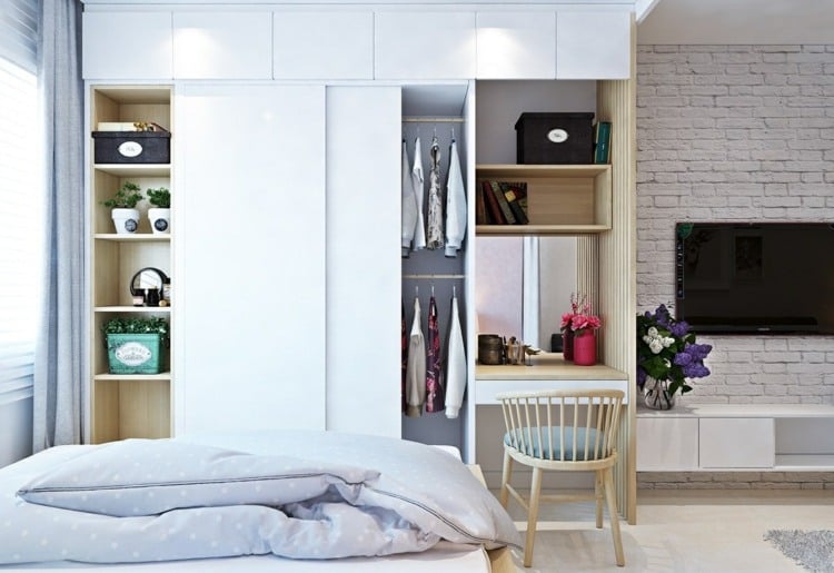 bett-wohnzimmer-integrieren-kleiderschrank-idee-skandinavisch-klinker-industrial