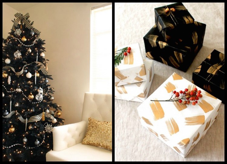 deko-weihnachten-trendfarben-schwarz-gold-silber-geschenkverpackung
