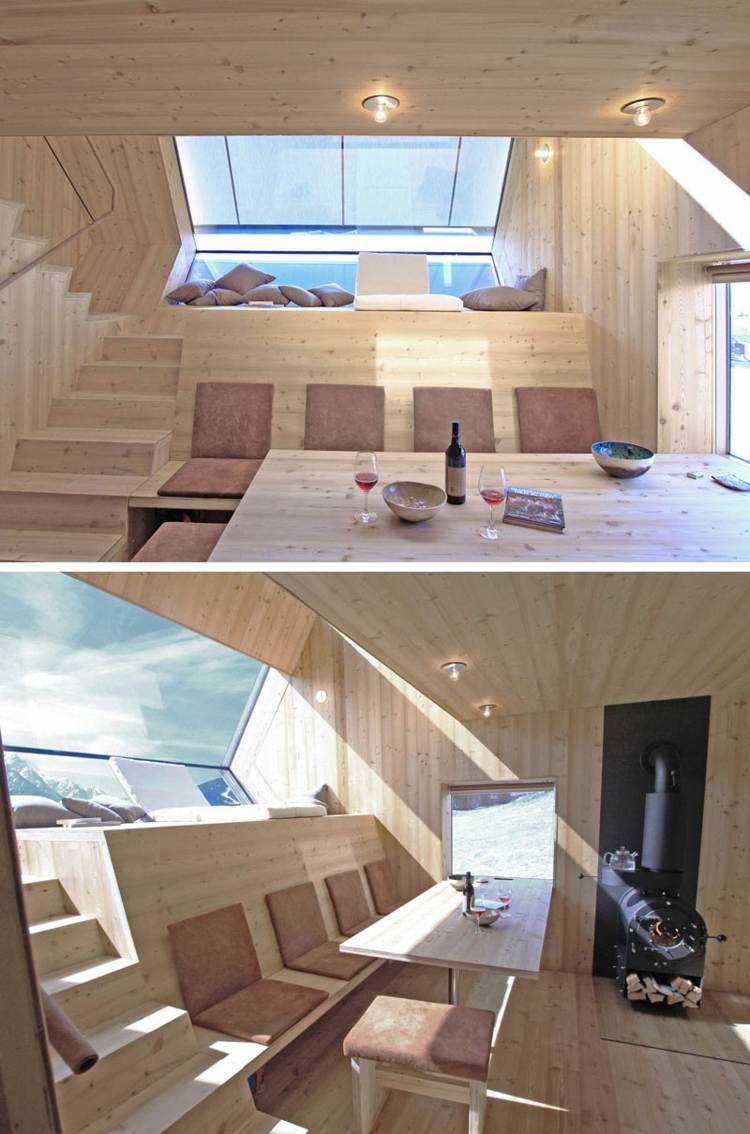 esszimmer-sitzbank-holz-eingebaut-sitzplätze-braun-stoff-weingläser-dachfenster