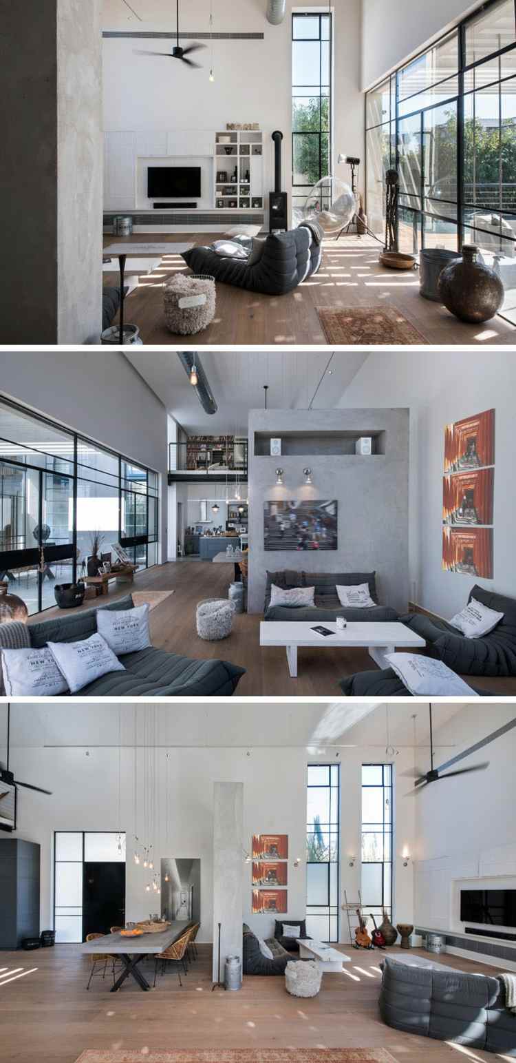 hängesessel und schaukel-sofa-tisch-wohnbereich-kissen-glasfront-lampen-essbereich