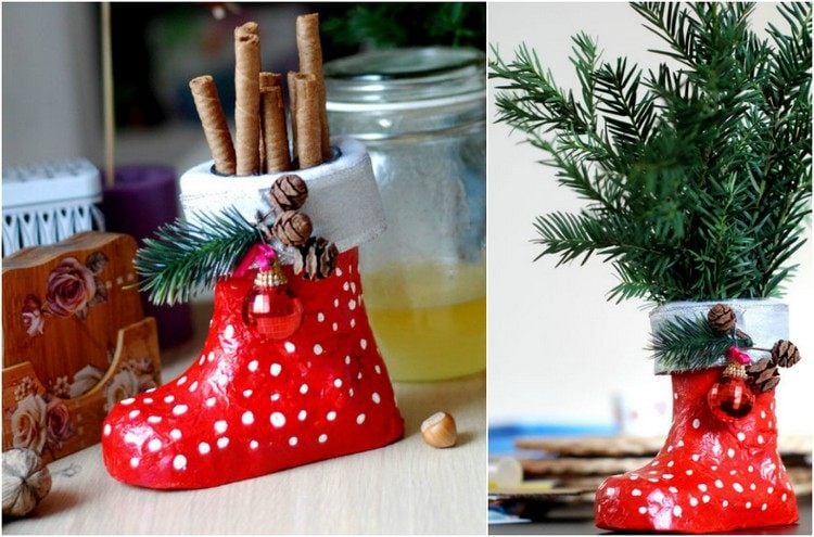 Nikolausstiefel basteln pappmache-deko-süßigkeiten-füllen-weihnachten