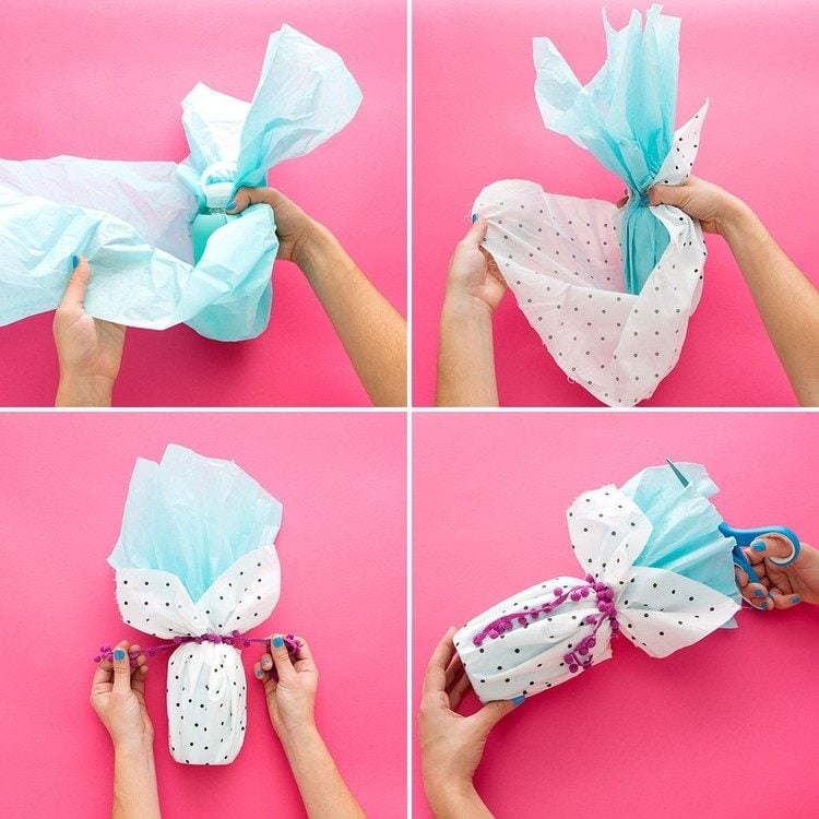 runde-geschenke-verpacken-flasche-geschenkverpackung-papier-mini-pompons-band