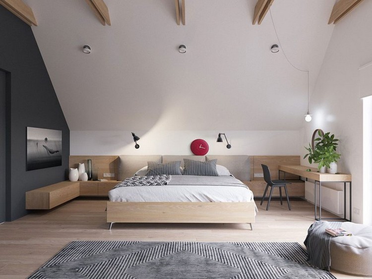 skandinavisch-einrichten-schlafzimmer-modern-dachschräge-holzbalken