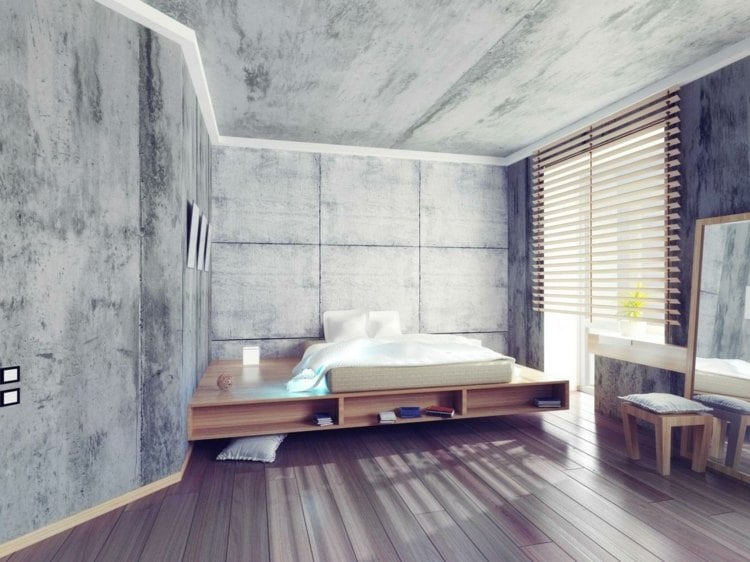 wandgestaltung-betonoptik-urban-schlafzimmer-inspiration-monochrom-grau-decke