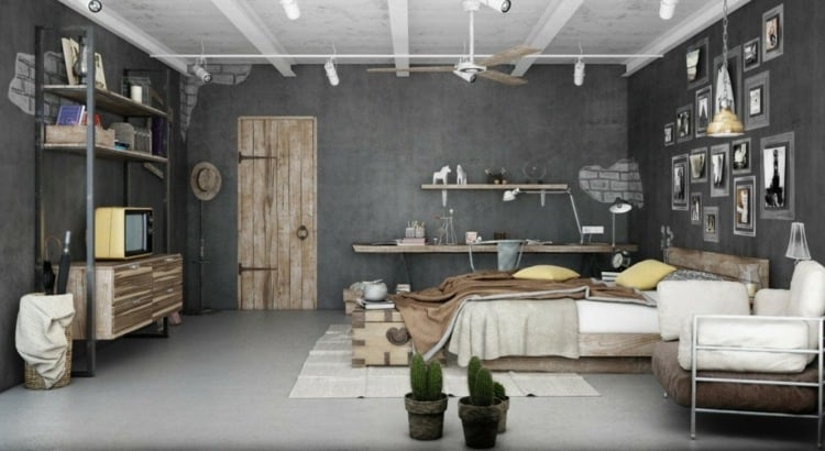 wandgestaltung in betonoptik dunkelgrau-schlafzimmer-modern-möbel-ideen