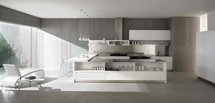 wandgestaltung in betonoptik modern-küche-weiß-fensterfront-minimalistisch
