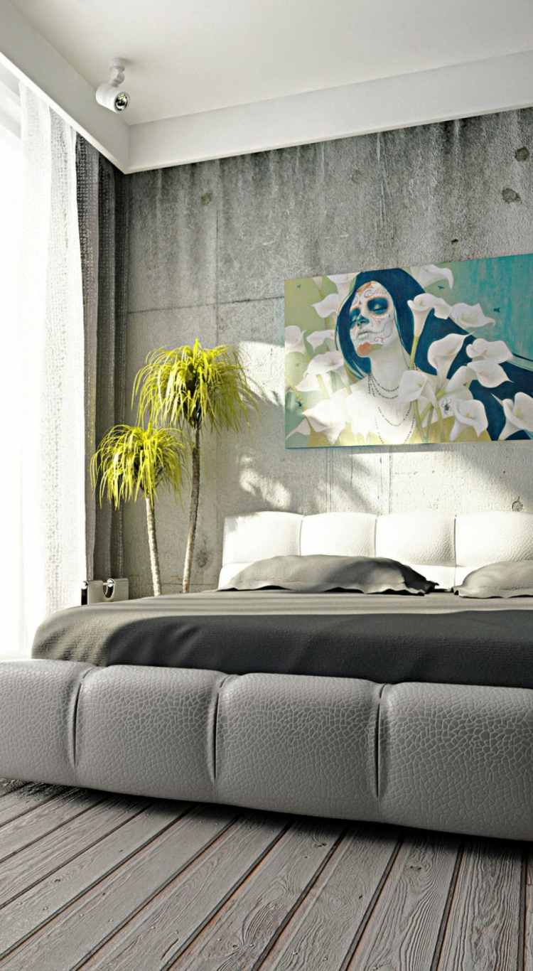 wandgestaltung in betonoptik schlafzimmer-grau-bett-wandbild-farbe