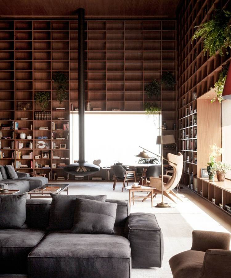 wohnzimmer regalwand deko-idee-regalsystem-grau-sofa