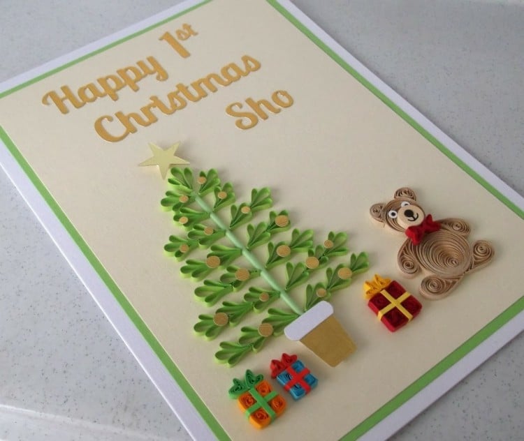 basteln-papierstreifen-quilling-motivideen-geschenke-weihnachtsbaum-teddy