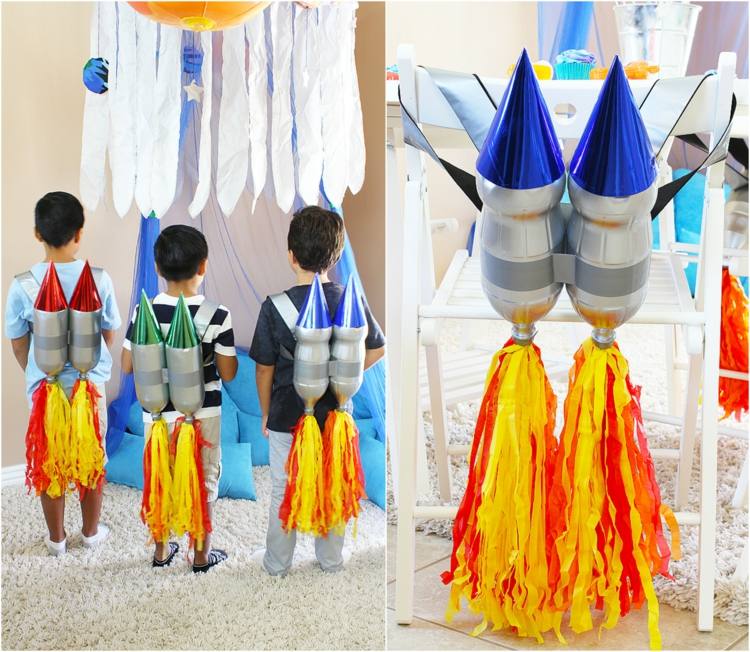 fasching-basteln-raketen-rucksack-wasserflasche-plastik-tesa-silber-pappierstreifen-gelb-orange-kinder-jungs-astronauten
