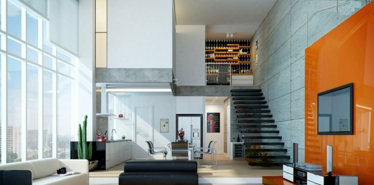 großen-raum-unterteilen-hohe-decke-wohnzimmer-wandpaneel-orange-hochglanz
