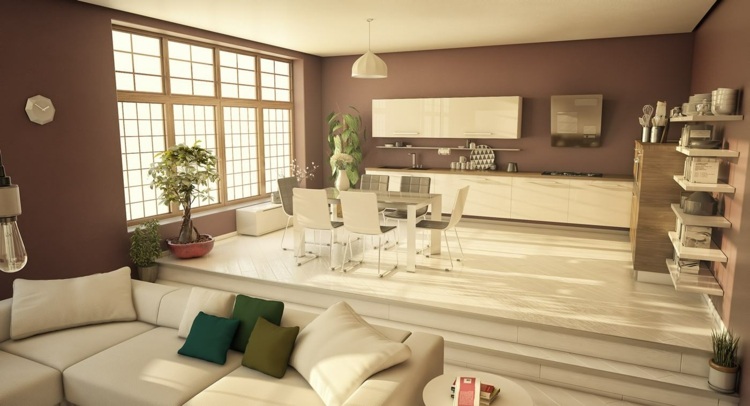 großen raum unterteilen minimalistische-küche-essbereich-braun-wandfarbe