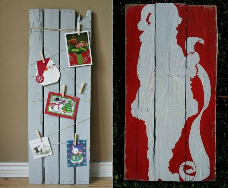 holz-basteln-weihnachten-tabelle-postkarten-hängen-weihnachtsmann-rot-weiß