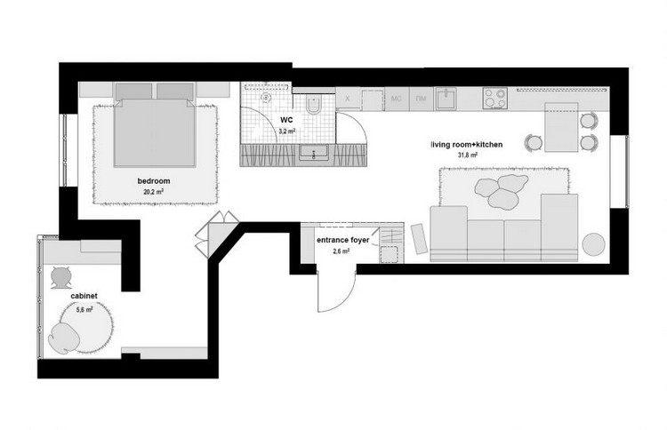 junggesellenwohnung-innenarchitektur-grundriss-einzimmerwohnung
