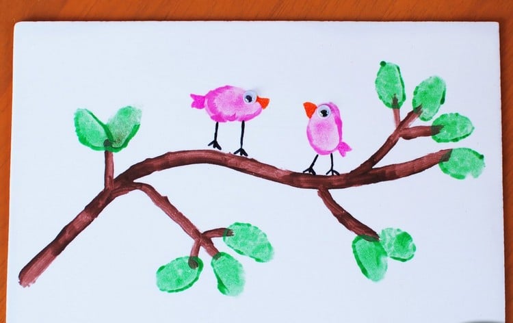 Malen mit Kindern fingerabdrücke-zeichentechnik-vögel-ast