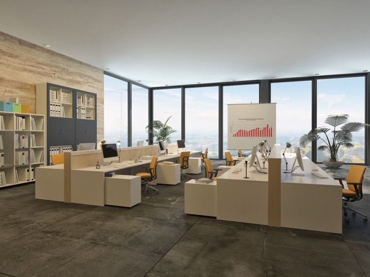moderne Bürogestaltung grossraum-beispiel-schreibtische-weiss-helles-holz-orange-stühle-verglasung