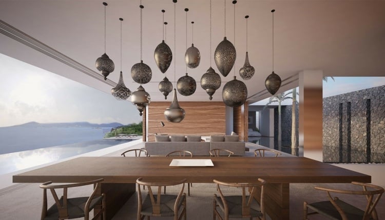 orientalische lampen wohnzimmer-modern-hängeleuchten-stil-marokkanisch-tisch-stühle-sofa-offen-schwimmbad
