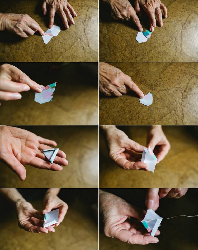 Lichterkette basteln origami-anleitung-papier-falten-lichter-befestigen
