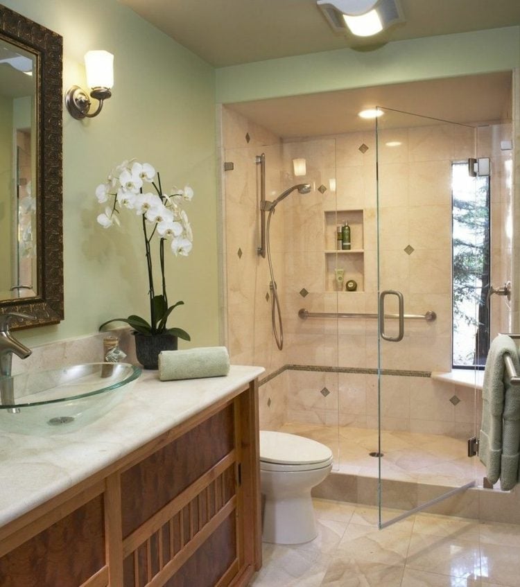 pflanzen-bad-orchidee-weiß-waschbecken-duschkabine-spiegel-handtuch-dusche
