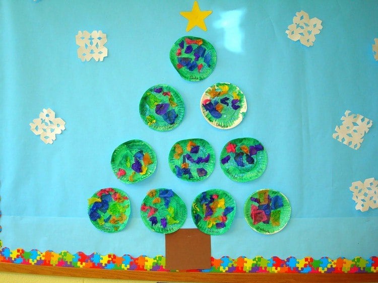 Basteln mit Papptellern kindergarten-ideen-weihnachtsbaum-diy