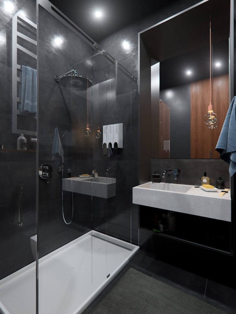 beton-holz-elegant-badezimmer-regendusche-glaswand-duschwanne