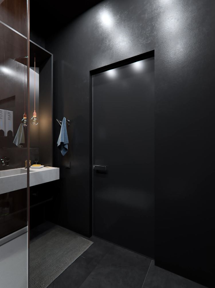 beton-holz-elegant-badezimmer-wandfarbe-schwarz-tür