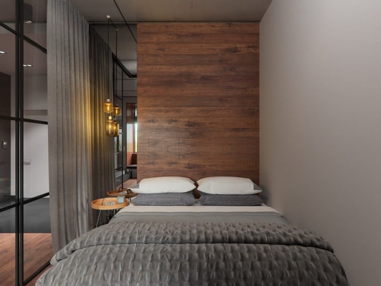Beton und Holz -elegant-schlafzimmer-klein-wandverkleidung-vorhang