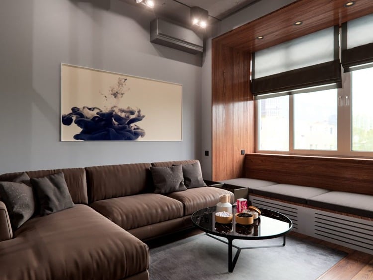 Beton und Holz -elegant-wohnzimmer-eckcouch-leder-bild