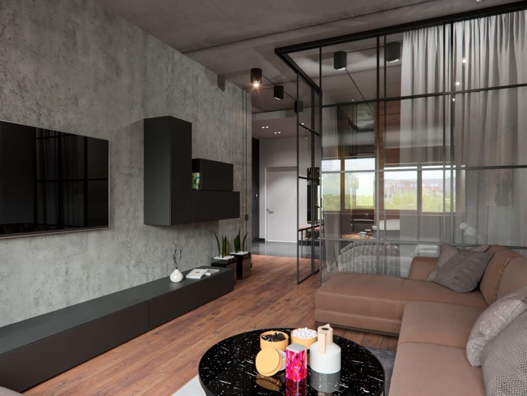 Beton und Holz -elegant-wohnzimmer-trennwand-verglasung-couch