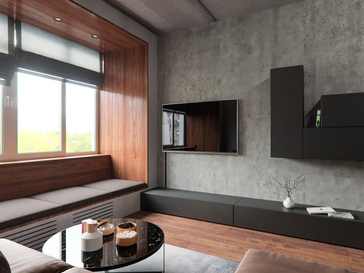 Beton und Holz -elegant-wohnzimmer-wohnwand-tv-fensterbank
