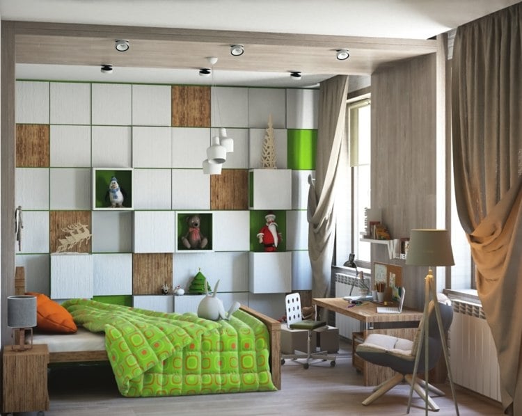 farbe-grün-kinderzimmer-schlafzimmer-wandregal-bettdecke-gemustert-schreibtisch-lampe-nachttisch-stühle-deko