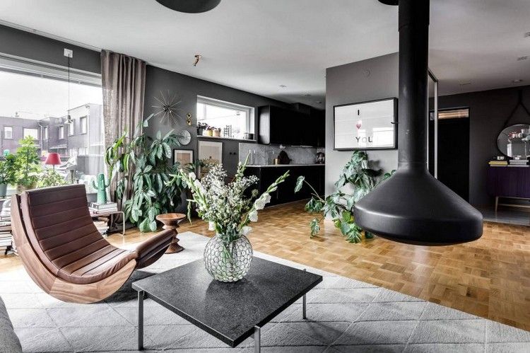 Grau und Braun interieur-wohnzimmer-kamin-sessel-design