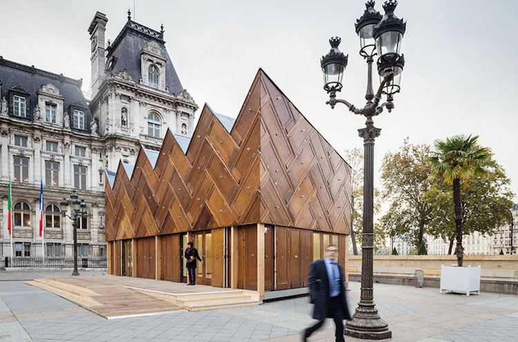 moderne-fassadengestaltung-holz-türen-struktur-recycling-pavillon-
