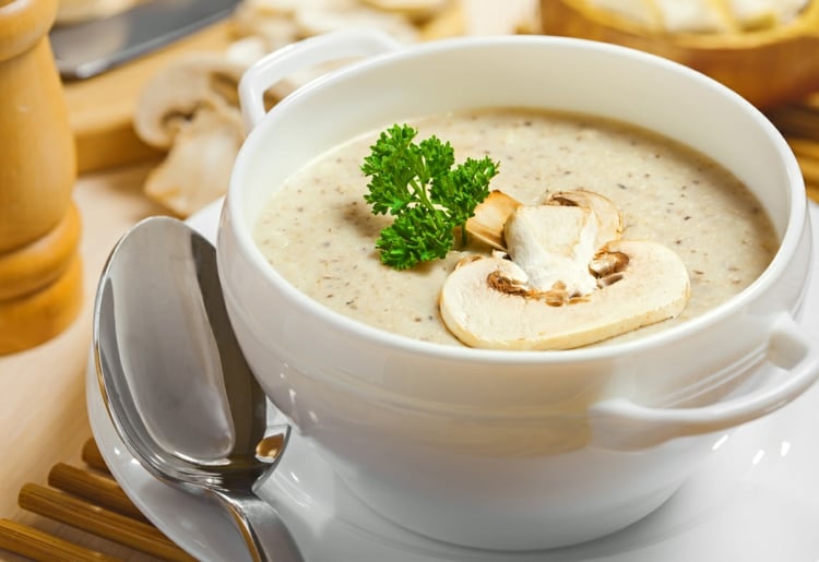 trennkost-rezepte-cremesuppe-dickflüssig-champignons-scheiben-schüssel-teller-löffel-salzstreuer-unterteller-kresse