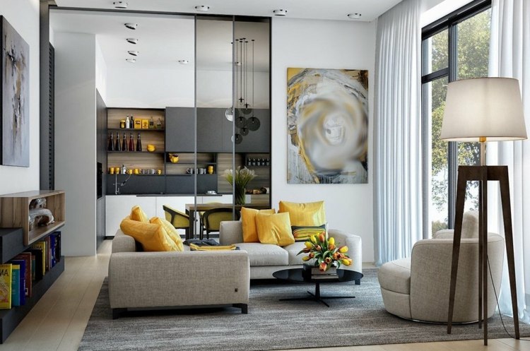 wohnzimmer-halboffen-küche-glas-schiebetür-gelb-akzente-möbel-dekor