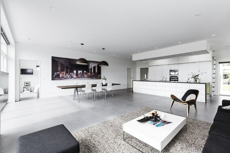 wohnzimmer minimalistisch-modern-monochrom-weiß-küche-essbereich