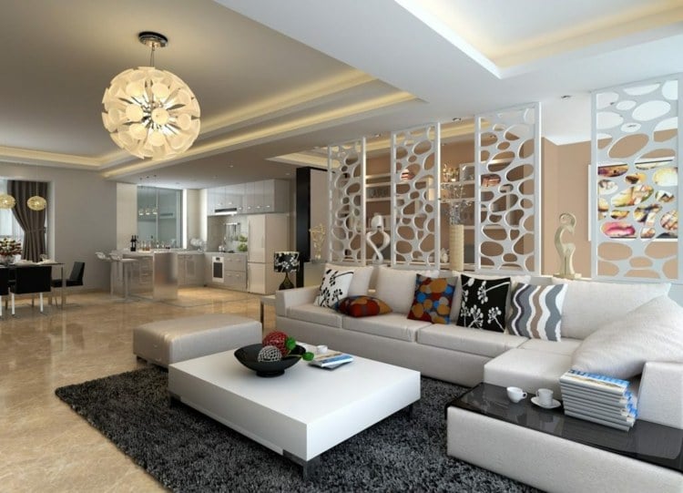 wohnzimmer-renovieren-pendellampe-kugel-couchtisch-kissen-muster-schale-teppich-trennwand-marmorboden